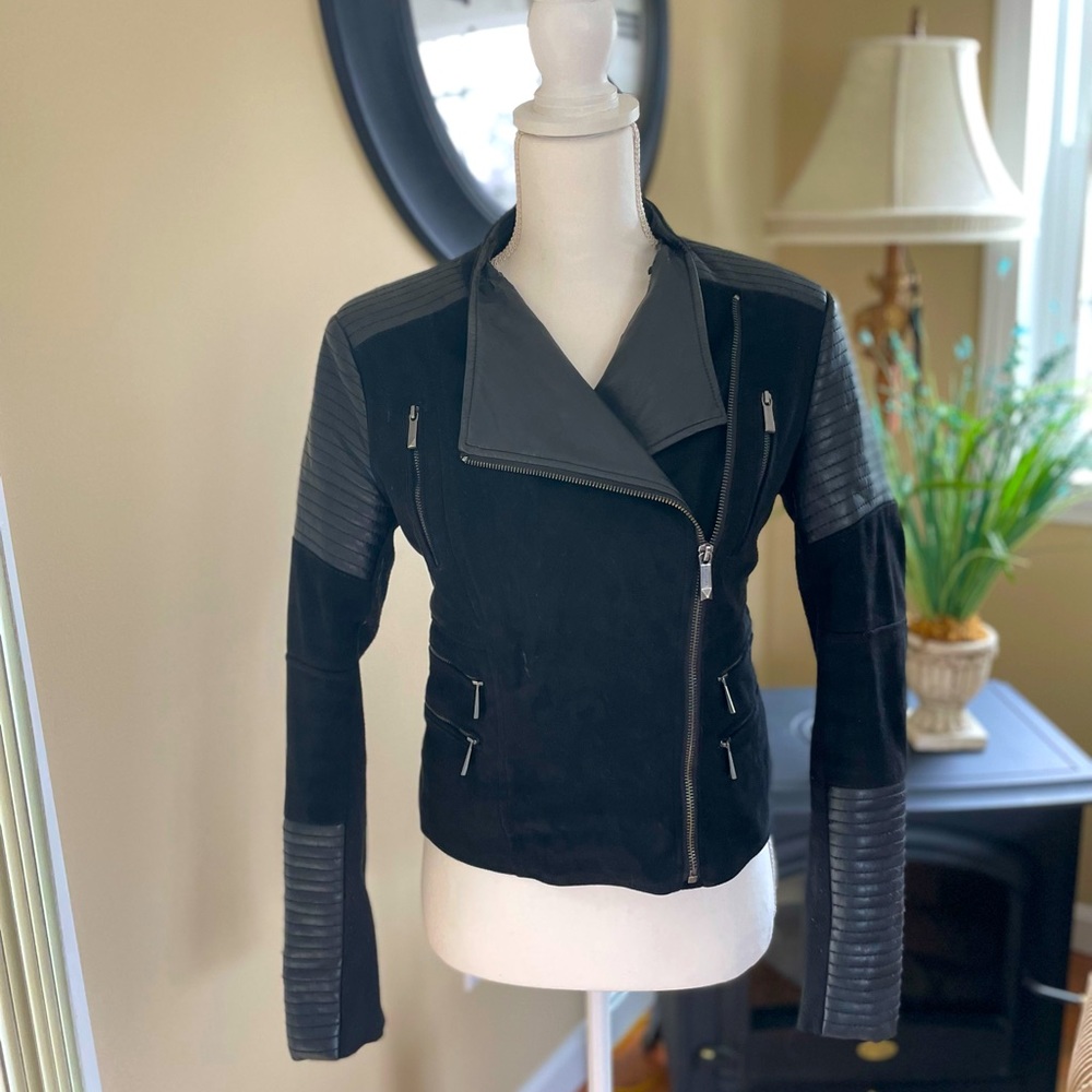 BCBGMAXAZRIA Black Leather and Suede Bomber Jacket